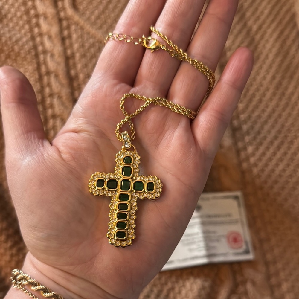Jacqueline Kennedy Aura Faux Emerald Cross Necklace by Camrose & Kross